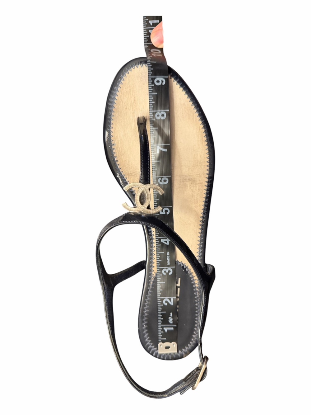CHANEL Navy Leather CC Thong Sandals Silver Logo Ankle Strap - Picture 5 of 5